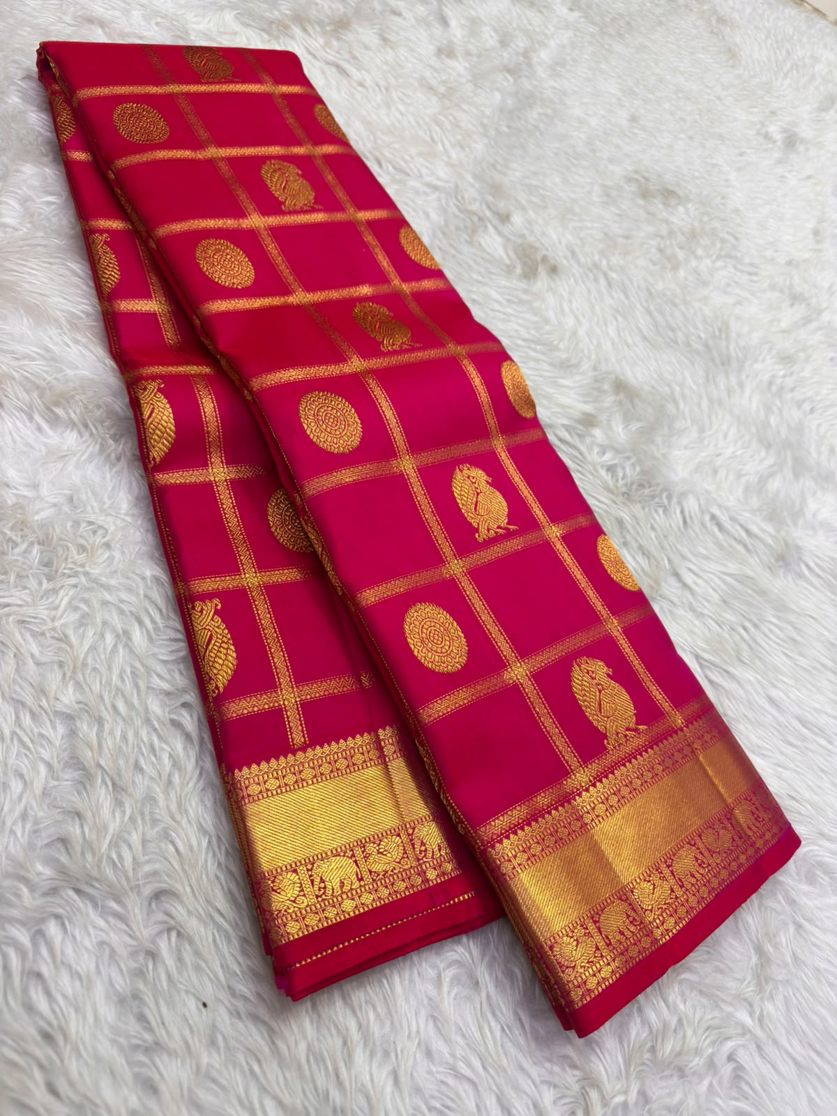 Pure Kanchipuram Handloom Bridal Silk Saree with Zari Beldari Checks